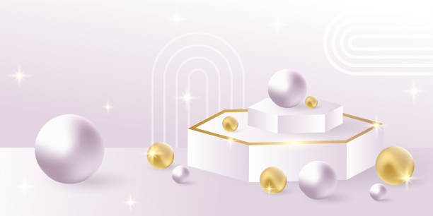 istock Minimal white pink scene with golden ball element and lines. Cylindrical gold and white podium on a pink background. 3D stage for displaying a cosmetic product 1351455195