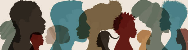 Silhouette face head in profile ethnic group of black African and African American men and women. Racial equality and justice - Identity concept. Racial discrimination. Racism Possible use to express the concept of racial equality. Concept of racial discrimination or racism african american woman stock illustrations