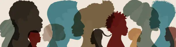 Vector illustration of Silhouette face head in profile ethnic group of black African and African American men and women. Racial equality and justice - Identity concept. Racial discrimination. Racism