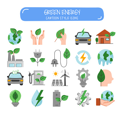 Green Energy Related Objects and Elements. Hand Drawn Cartoon Style Vector Illustration Collection. Hand Drawn Icons Set.