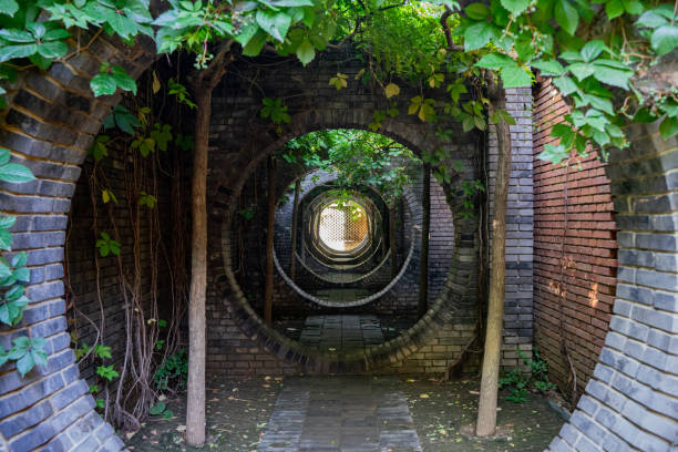 istock Round arch stone brick circulation door 1351462647