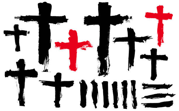 kreuzzeichnung. handgezeichnetes kreuz. religiöses symbol. satz von grunge-stil strichen. - cross shape cross dirty grunge stock-grafiken, -clipart, -cartoons und -symbole