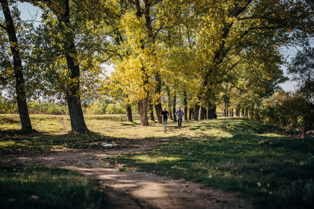 Two men, senior men jogging together in nature on autumn day outdoors.