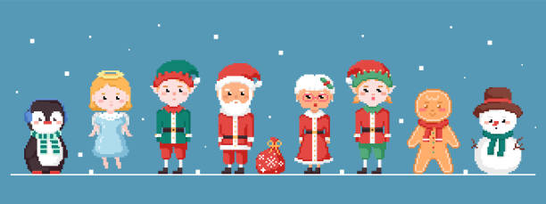 Pixel art Christmas characters icon set. Isolated winter avatars clipart set. Pixel art Christmas characters icon set. Vector 8 bit style retro illustration of Santa Claus, Gingerbread cookie, elf, snowman, penguin, angel and mrs Claus. Isolated winter avatars clipart set. mrs claus stock illustrations