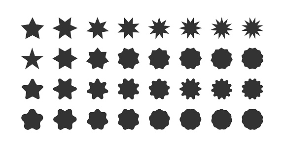 Set of star shapes. Polygonal elements. Black geometric design symbol. Sign for banner and sale in vector flat style.
