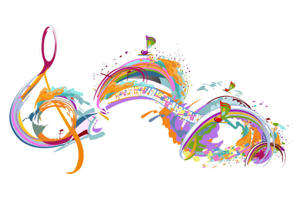 ilustrações de stock, clip art, desenhos animados e ícones de abstract musical design with a treble clef and colorful splashes, notes and waves. - violin family