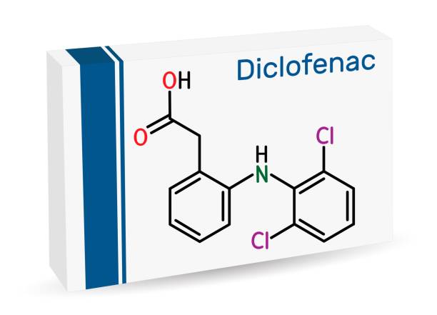 ilustraciones, imágenes clip art, dibujos animados e iconos de stock de la molécula de diclofenaco, es un fármaco antiinflamatorio no esteroideo aine. fórmula química esquelética. embalaje de papel para medicamentos - structural formula