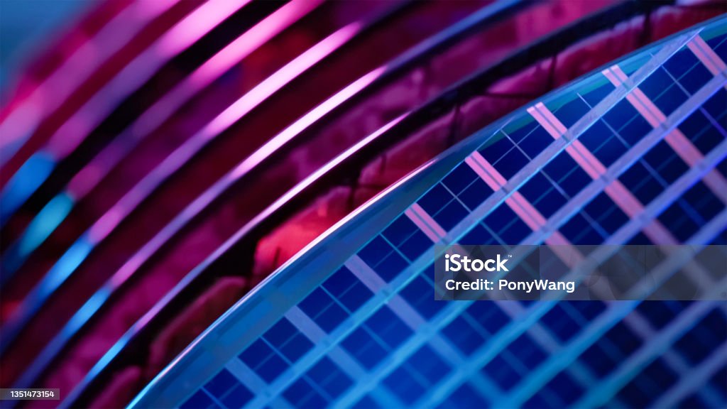 many silicon Wafer with semiconductors Macro of many silicon Wafer with semiconductors in box inside clean room Semiconductor Stock Photo