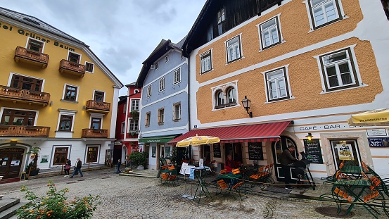 Hallstatt, Austria – October 15, 2021: Traditional houses in the tourist town of Hallstatt.