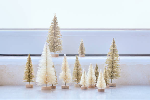 Pine tree model forest made of simple environmentally friendly materials The model forest of pine trees made of environmentally friendly materials will be decorated for Christmas and there will be unexpected gifts. cream colored photos stock pictures, royalty-free photos & images