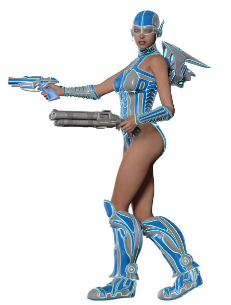 istock futuristic Warrior in a Blue and grey armor, armed with gun and rifle, 3d rendering 1351478809