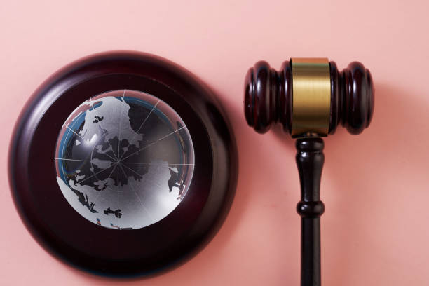 globe with brown gavel on pink background