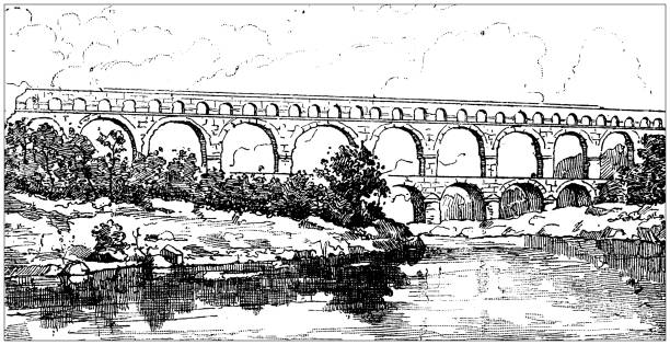 ilustraciones, imágenes clip art, dibujos animados e iconos de stock de ilustración antigua: pont du gard, acueducto romano - roman aqueduct