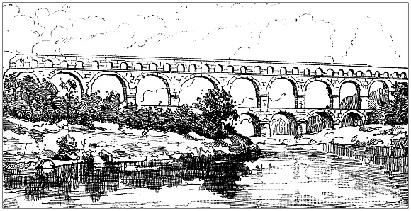 Antique illustration: Pont du Gard, Roman aqueduct