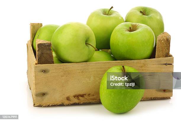 Freshly Harvested Granny Smith Apples In A Wooden Crate Stock Photo - Download Image Now