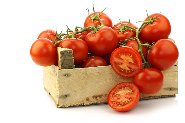 istock tomatoes on the vine and a cut one 135147992