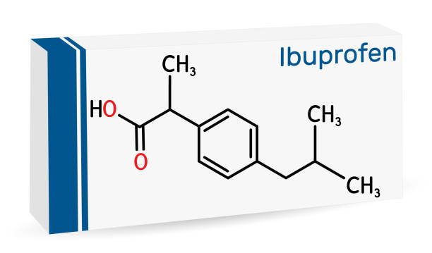 ibuprofen-molekül, ist ein nichtsteroidales entzündungshemmendes medikament nsaid-medikament. skelettchemische formel. papierverpackungen für medikamente - ibuprofen stock-grafiken, -clipart, -cartoons und -symbole