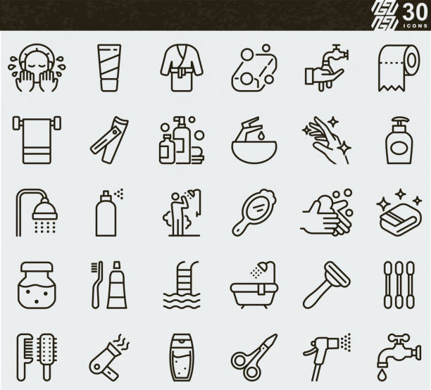 ilustraciones, imágenes clip art, dibujos animados e iconos de stock de cuidado personal, lavado de manos e iconos de la línea de higiene - shower gel