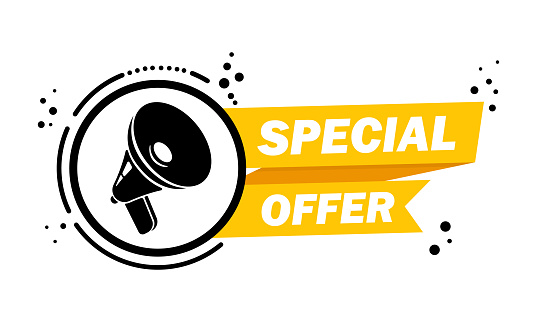 Megaphone with Special offer speech bubble banner. Loudspeaker. Label for business, marketing and advertising. Vector on isolated background. EPS 10.