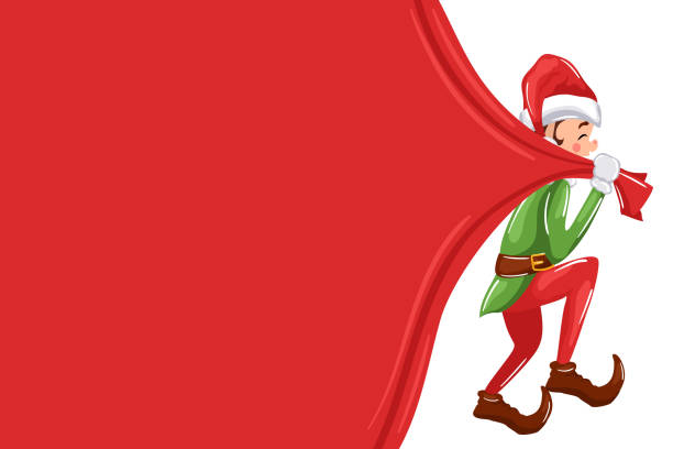 christmas elf holding red curtain on transparent background christmas elf holding red curtain on transparent background nymph stock illustrations