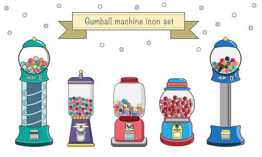 filled line Classic Gumball Machine set on white background with colorful bubble gum or sweets in plastic plexiglass cartoon cute icon set. toy and food funny concept. Square and round shape. Thin line vector, illustration.