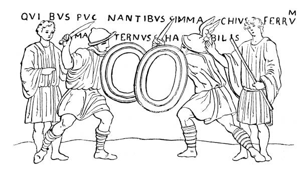 Antique illustration: Gladiators fighting Antique illustration: Gladiators fighting gladiator shoe stock illustrations