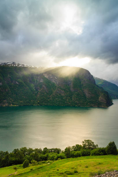 view of the fjords and aurland valley in norway - aurlandfjord imagens e fotografias de stock