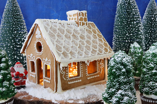 Stock photo showing close-up view of a snowy clearing in night-time, conifer forest scene. A homemade, gingerbread house decorated with white royal icing surrounded by model fir trees on white, icing sugar snow against a black background.