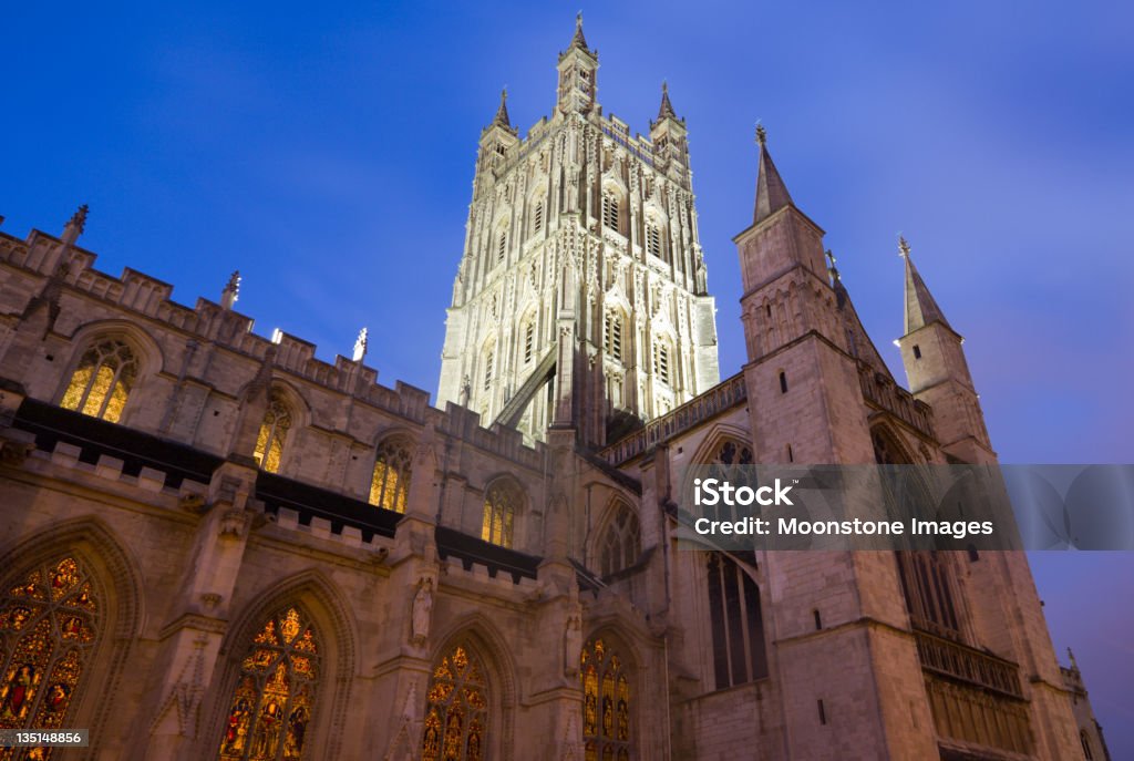 Gloucester Cathedral in Gloucestershire, England This cathedral stands in the north of the city near the river, and originated in 678 or 679 with the foundation of an abbey dedicated to Saint Peter (dissolved by Henry VIII). Inside is the canopied shrine of Edward II of England who was murdered at nearby Berkeley Castle. Ancient Stock Photo