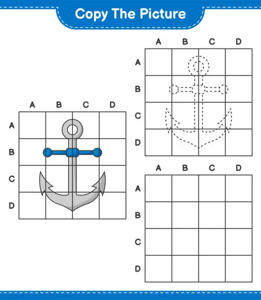 Vector illustration of Copy the picture, copy the picture of Anchor using grid lines. Educational children game, printable worksheet, vector illustration