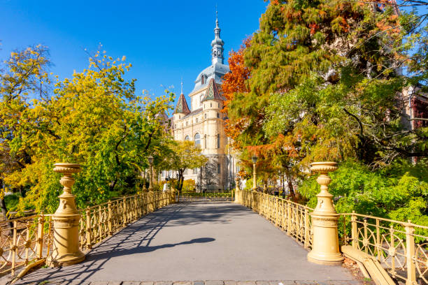 Budapest, Hungary - October 2021: Vajdahunyad castle and park in autumn