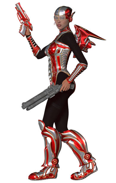istock futuristic Warrior in a Golden and Red and silver armor, armed with guns, 3d rendering 1351494819