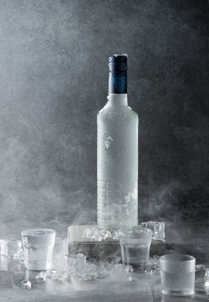bottiglia di vodka ghiacciata con bicchieri su sfondo grigio con spazio di copia. formato verticale. - martini brand vermouth foto e immagini stock
