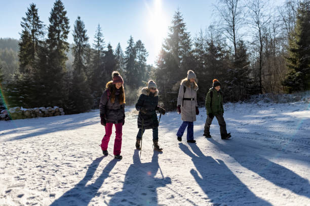istock Multi generation family enjoying hiking in winter forest. 1351498250