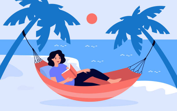 illustrazioni stock, clip art, cartoni animati e icone di tendenza di donna che legge il libro di carta nell'amaca della spiaggia di sabbia estiva - summer vacations women hammock