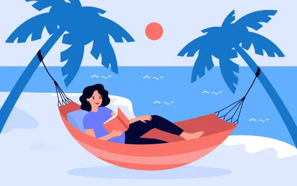 Vector illustration of Woman reading paper book in hammock of summer sand beach