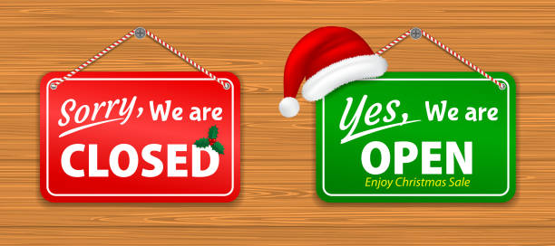 ilustrações de stock, clip art, desenhos animados e ícones de set of realistic information boards christmas twigs with the sign come in we are open and sorry we are closed. eps vector - christmas shopping store retail