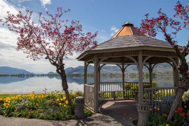 fiori primaverili intorno a un gazebo a osoyoos in riva al lago in una giornata di sole - lake osoyoos foto e immagini stock