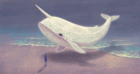 A man and a fantasy whale at the sea. Surreal animal in nature landscape. Concept idea of mystery imagination and dream. painting illustration.