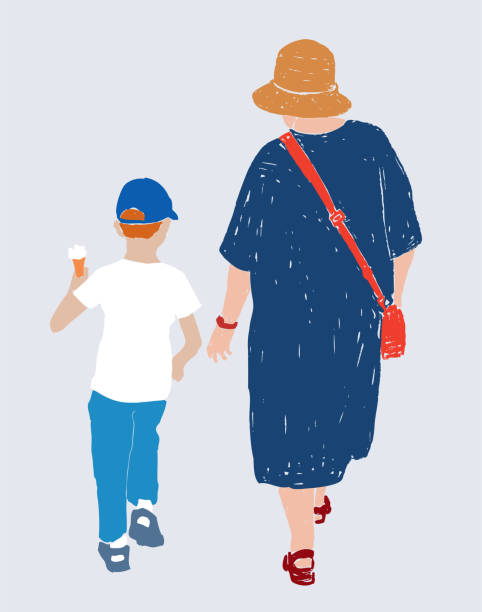 ilustraciones, imágenes clip art, dibujos animados e iconos de stock de dibujo vectorial de niño pequeño con helado y su abuela caminando por la calle en el día de verano juntos - grandmother