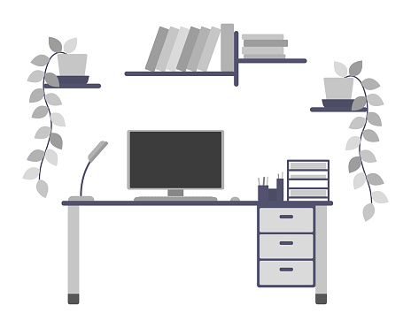 Computer desk. Flat design. Bookshelf, pot, plant, lamp. Colored silhouette. Front view. Vector graphic illustration. The isolated object on a white background. Isolate.