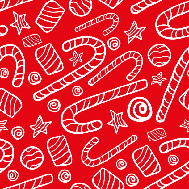 ilustrações de stock, clip art, desenhos animados e ícones de white assorted contour candies isolated on a red background. cute festive seamless pattern. vector flat graphic hand drawn illustration. texture. - candy hard candy wrapped variation