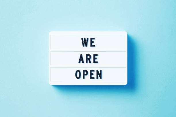 istock We Are Open Written White Lightbox Sitting On Blue Background 1351511031