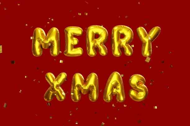 Merry Xmas text made of golden inflatable balloons on a red background with gold confetti. 3d render illustration.