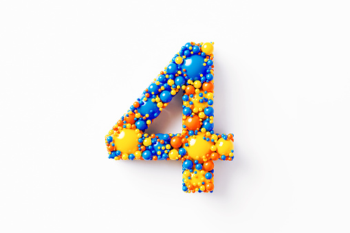 Colorful number 4 made of many spheres sitting on white background. Horizontal composition with clipping path and copy space. Directly above.