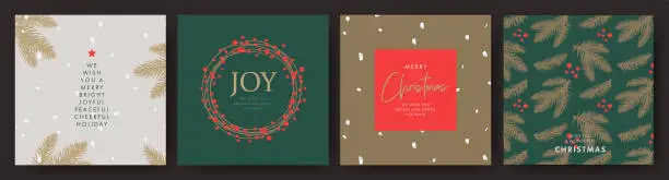 Vector illustration of Merry Christmas and Happy New Year Set of greeting cards, posters, holiday covers. Elegant Xmas design in green, red and gold colors