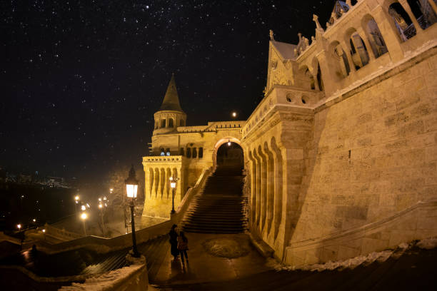 Budapest: The famous Fisherman Bastion on winter night. It was designed and built between 1895 and 1902 on the plans of Frigyes Schulek.