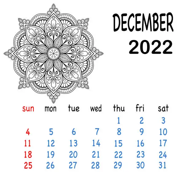 Vector illustration of December monthly calendar in design with mandala for the year 2022. Calendar mandala coloring template with hand drawn mandala design.