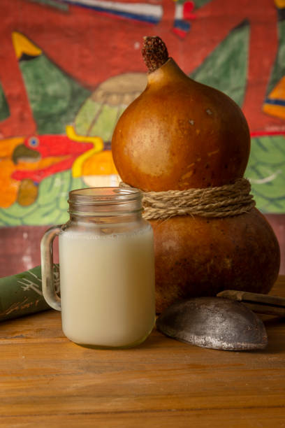 Pulque Glass with pulque and guaje, container where this traditional Mexican drink is stored taken from the silver of the maguey mexico state photos stock pictures, royalty-free photos & images
