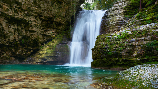 04.17.2021 Olginskie waterfalls, Abkhazia. View of the Olginskie waterfalls in the spring.